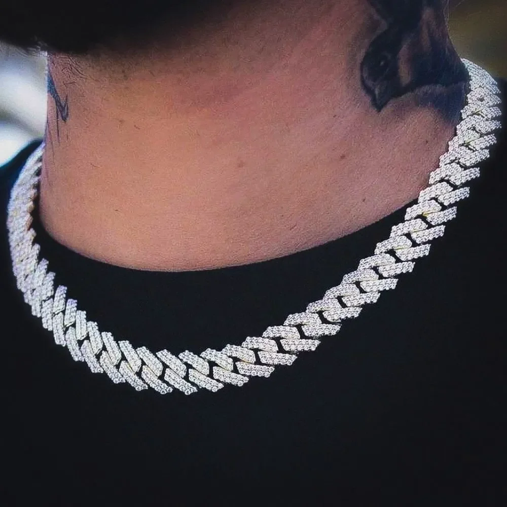 Silver Prong Set 15mm Cuban Link Chain